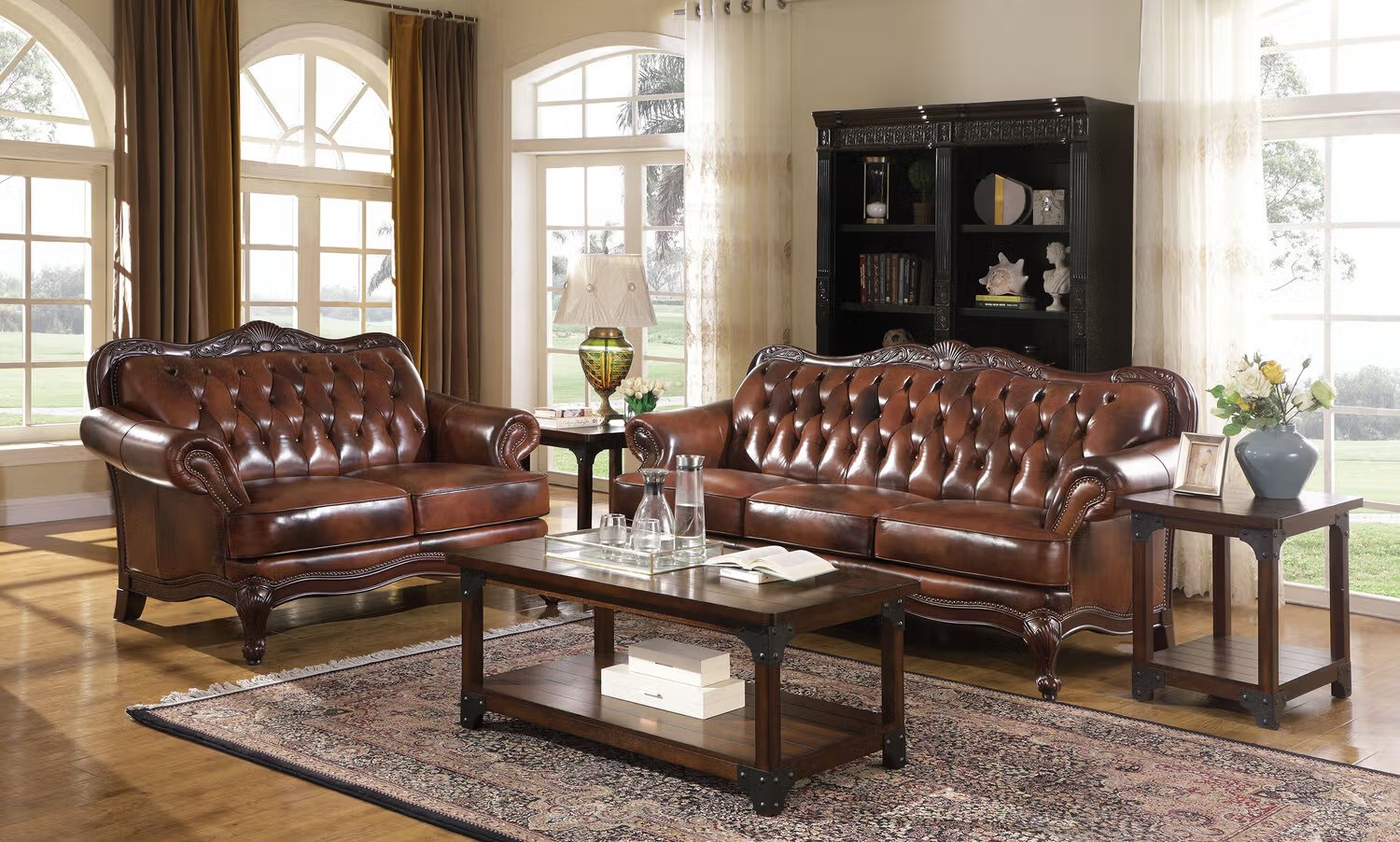 See Details - Victoria 2-piece Full Leather Upholstered Sofa Set Brown